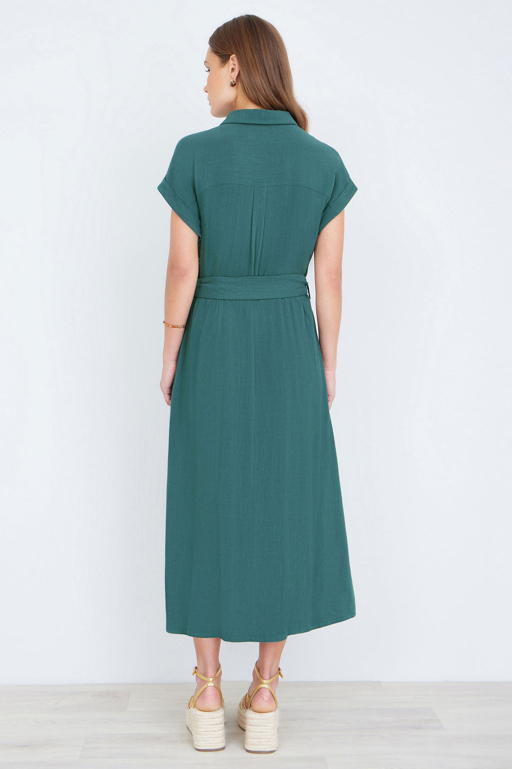 Yumi Green Viscose Linen Look Midi Shirt Dress With Wooden Belt - QHA UK