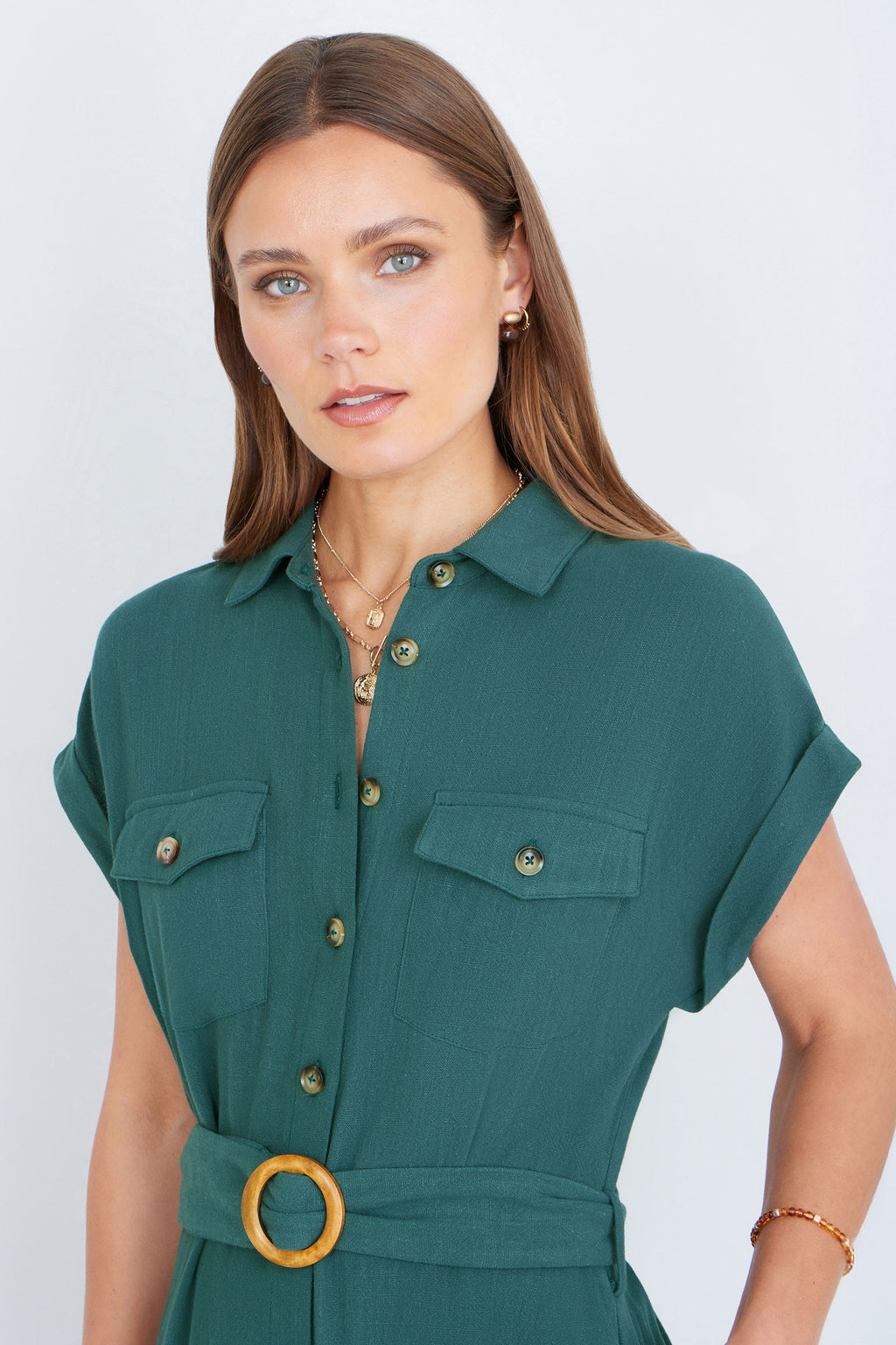 Yumi Green Viscose Linen Look Midi Shirt Dress With Wooden Belt - QHA UK