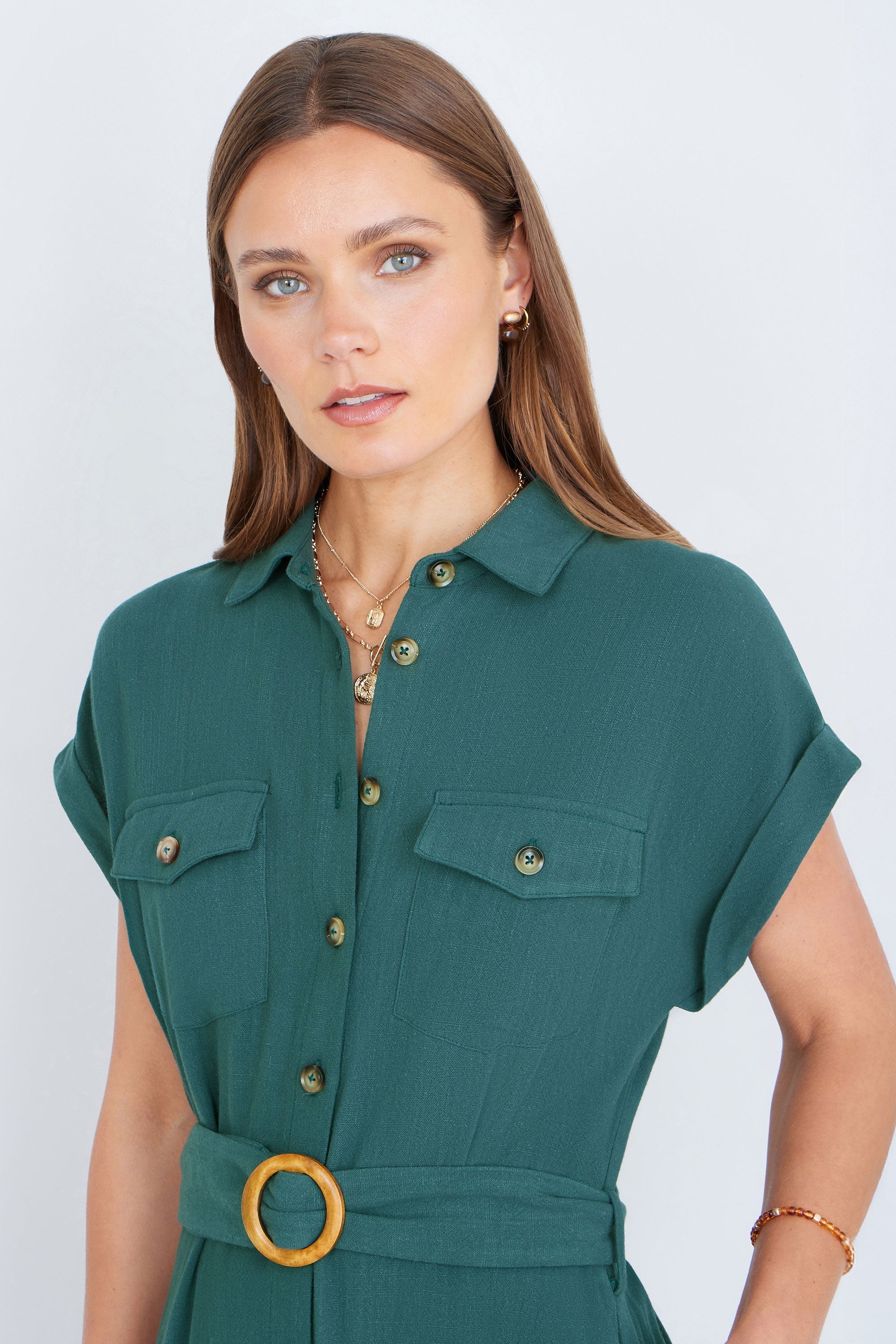 Yumi Green Viscose Linen Look Midi Shirt Dress With Wooden Belt - QHA UK