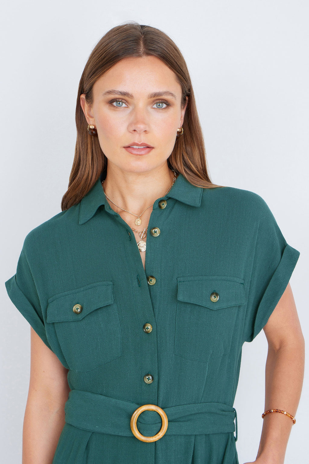 Yumi Green Viscose Linen Look Midi Shirt Dress With Wooden Belt - QHA UK