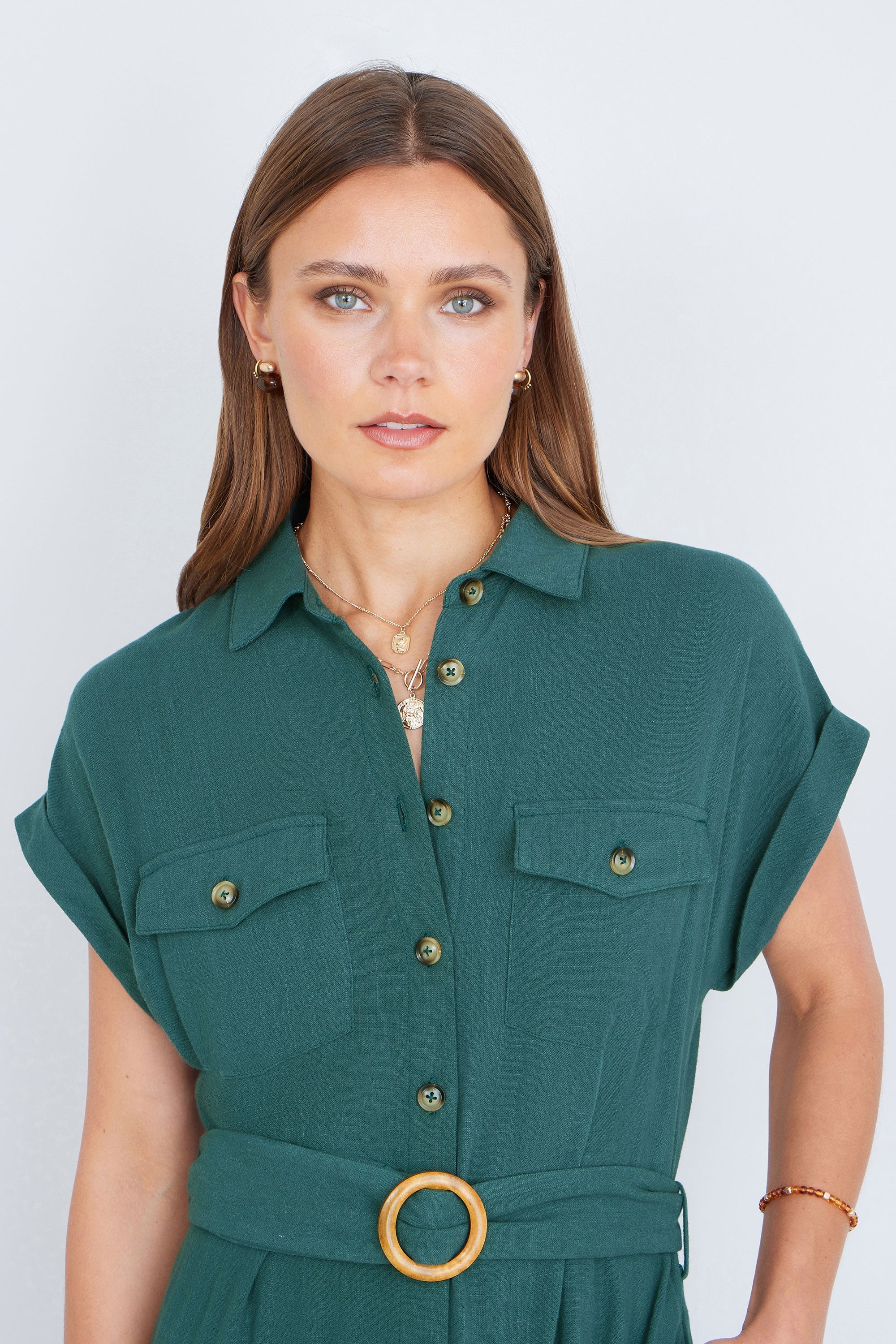 Yumi Green Viscose Linen Look Midi Shirt Dress With Wooden Belt - QHA UK