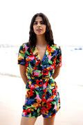 Yumi Multicolour Tropical Leaf Print Playsuit - QHA UK