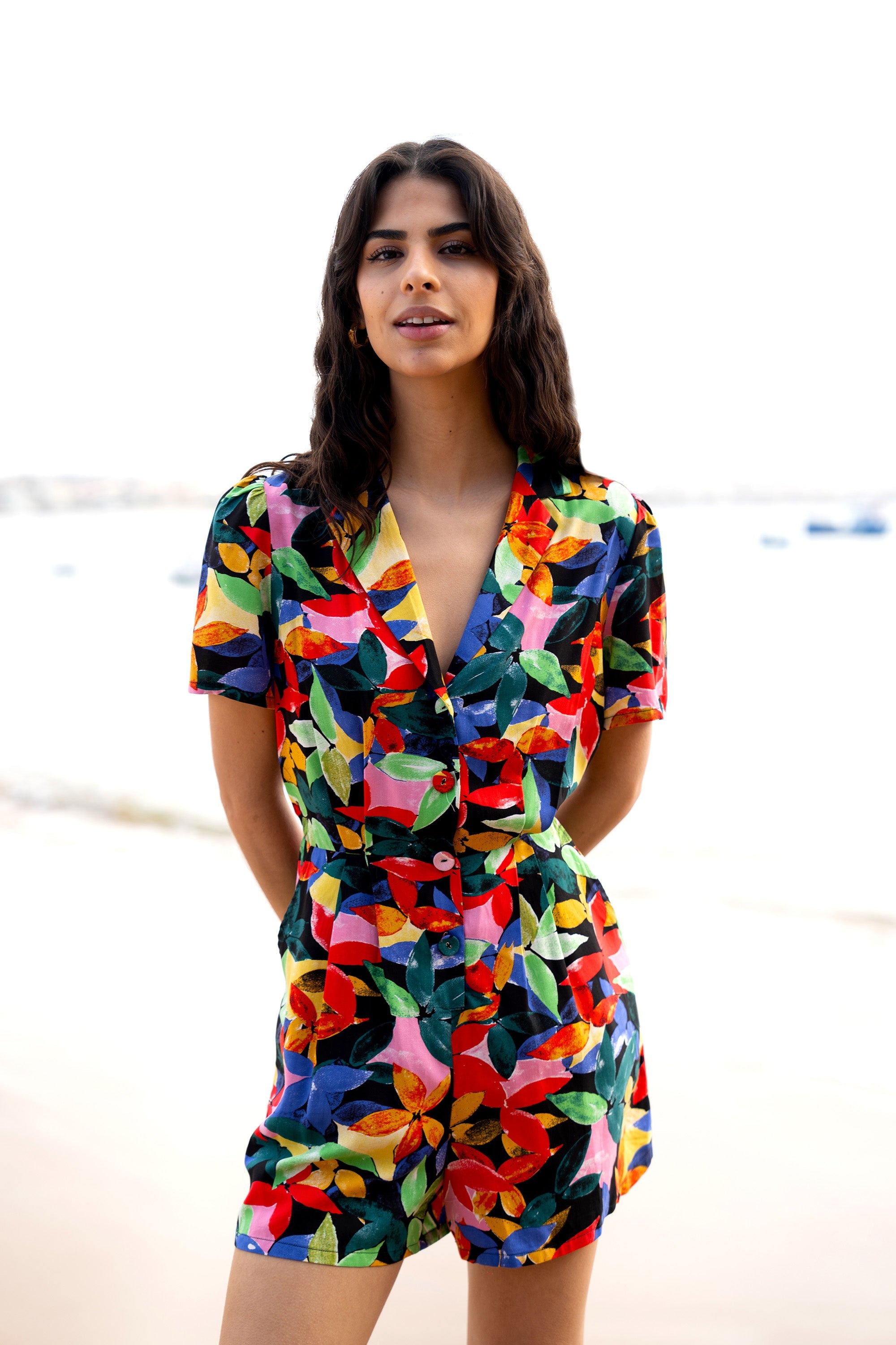 Yumi Multicolour Tropical Leaf Print Playsuit - QHA UK