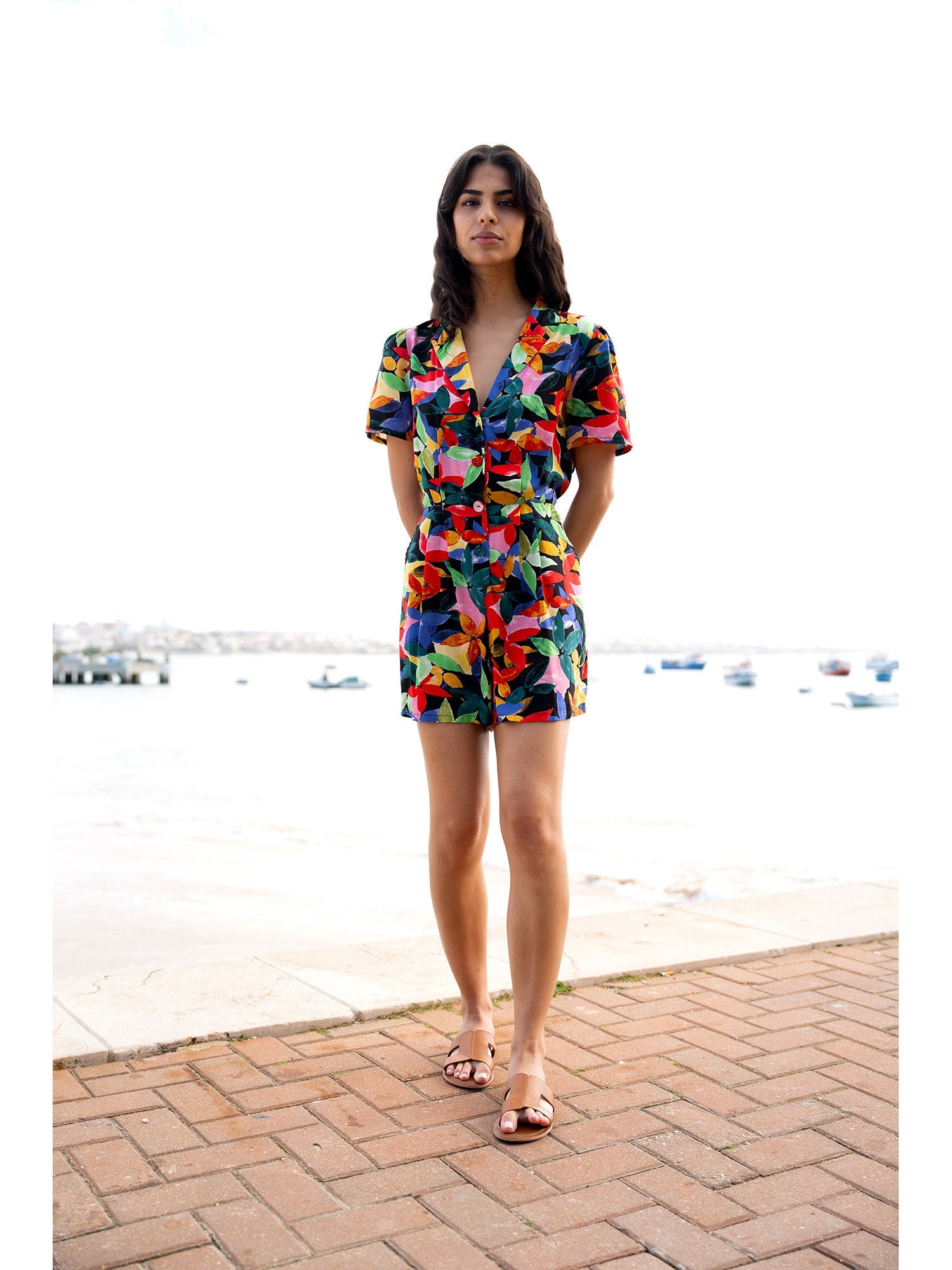 Yumi Multicolour Tropical Leaf Print Playsuit - QHA UK