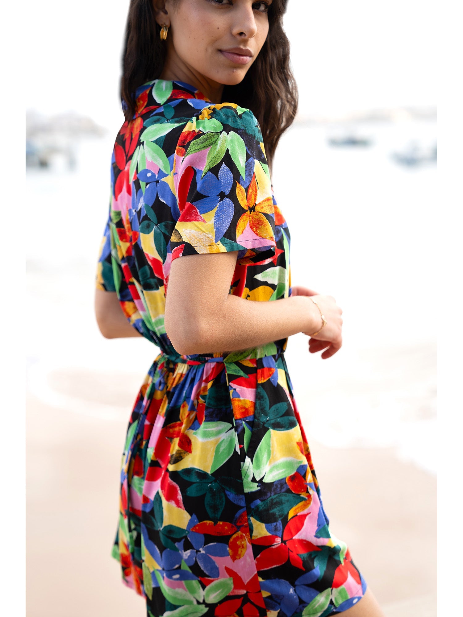 Yumi Multicolour Tropical Leaf Print Playsuit - QHA UK