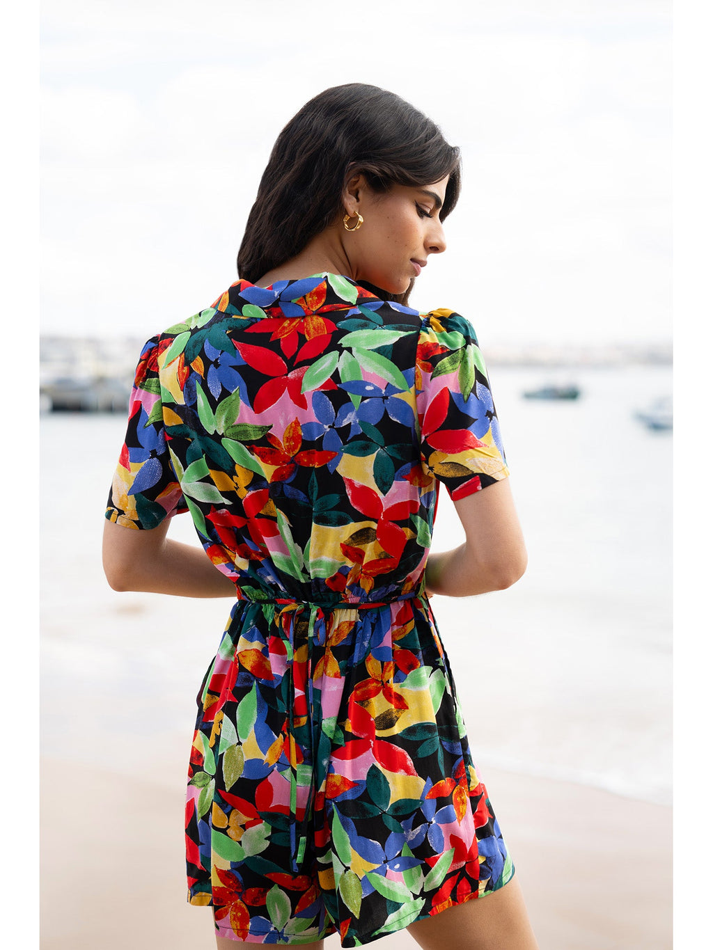 Yumi Multicolour Tropical Leaf Print Playsuit - QHA UK