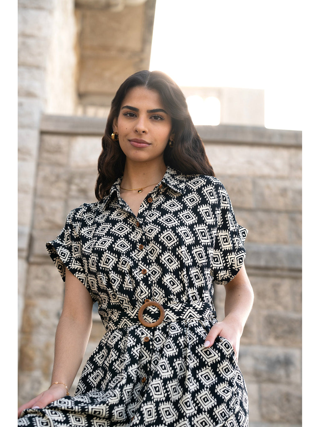Yumi Black Viscose Midi Shirt Dress With Matching Belt - QHA UK