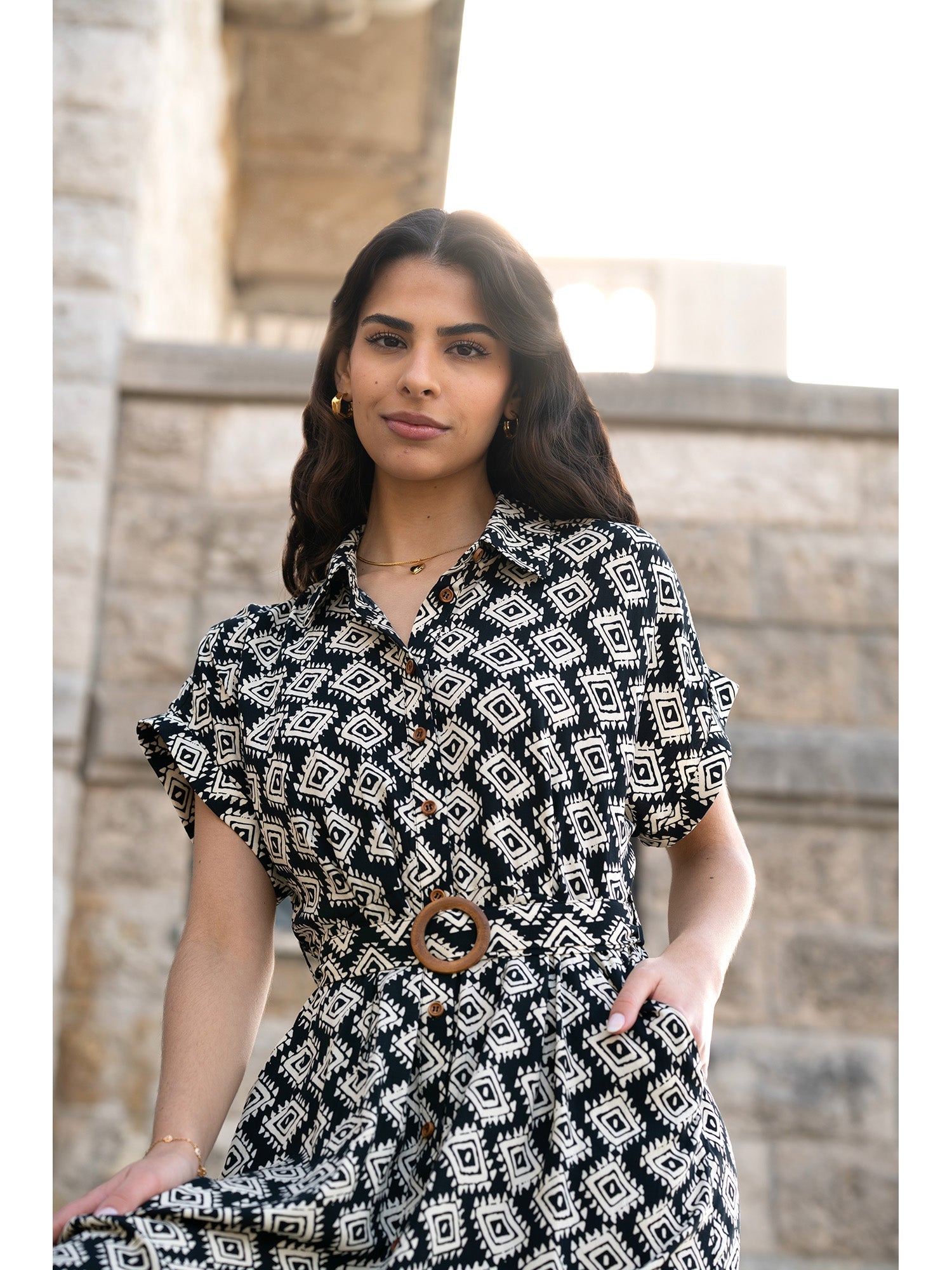 Yumi Black Viscose Midi Shirt Dress With Matching Belt - QHA UK
