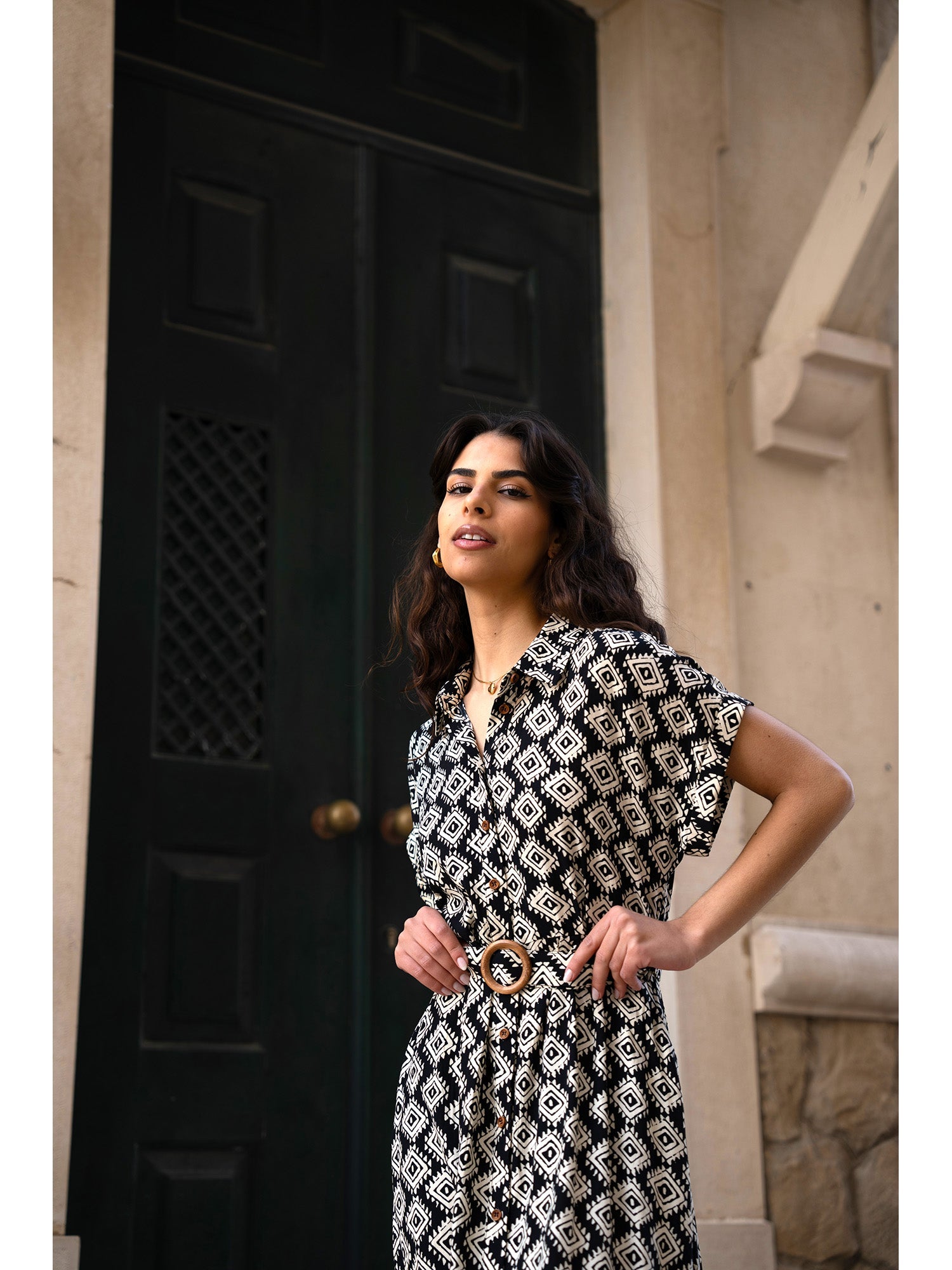 Yumi Black Viscose Midi Shirt Dress With Matching Belt - QHA UK
