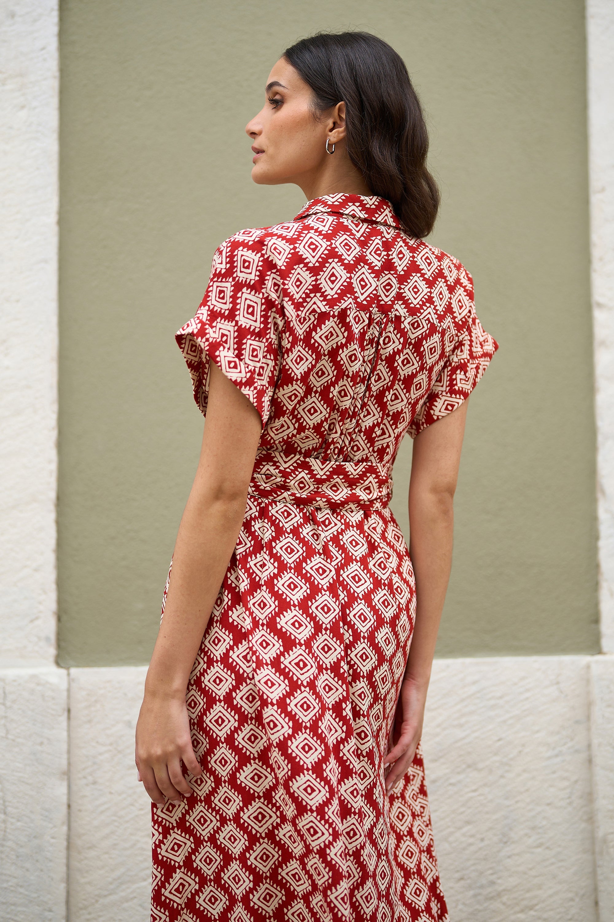 Yumi Red Viscose Midi Shirt Dress With Matching Belt - QHA UK