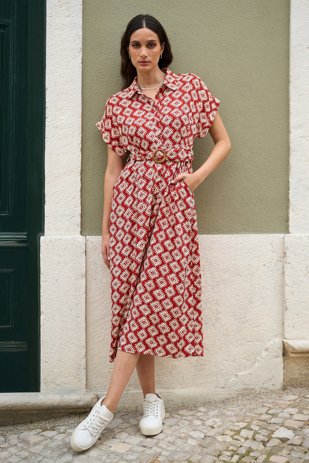 Yumi Red Viscose Midi Shirt Dress With Matching Belt - QHA UK