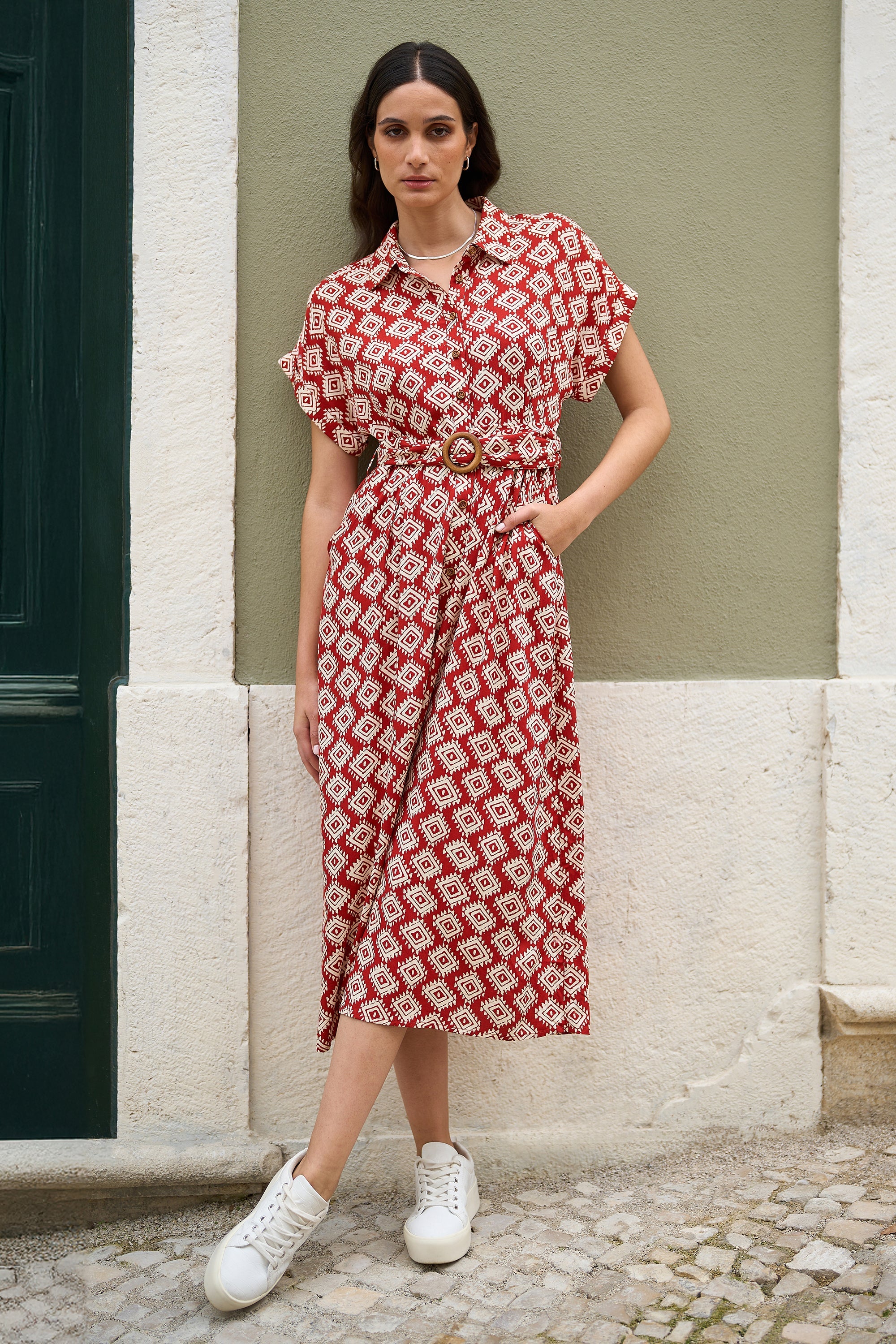 Yumi Red Viscose Midi Shirt Dress With Matching Belt - QHA UK