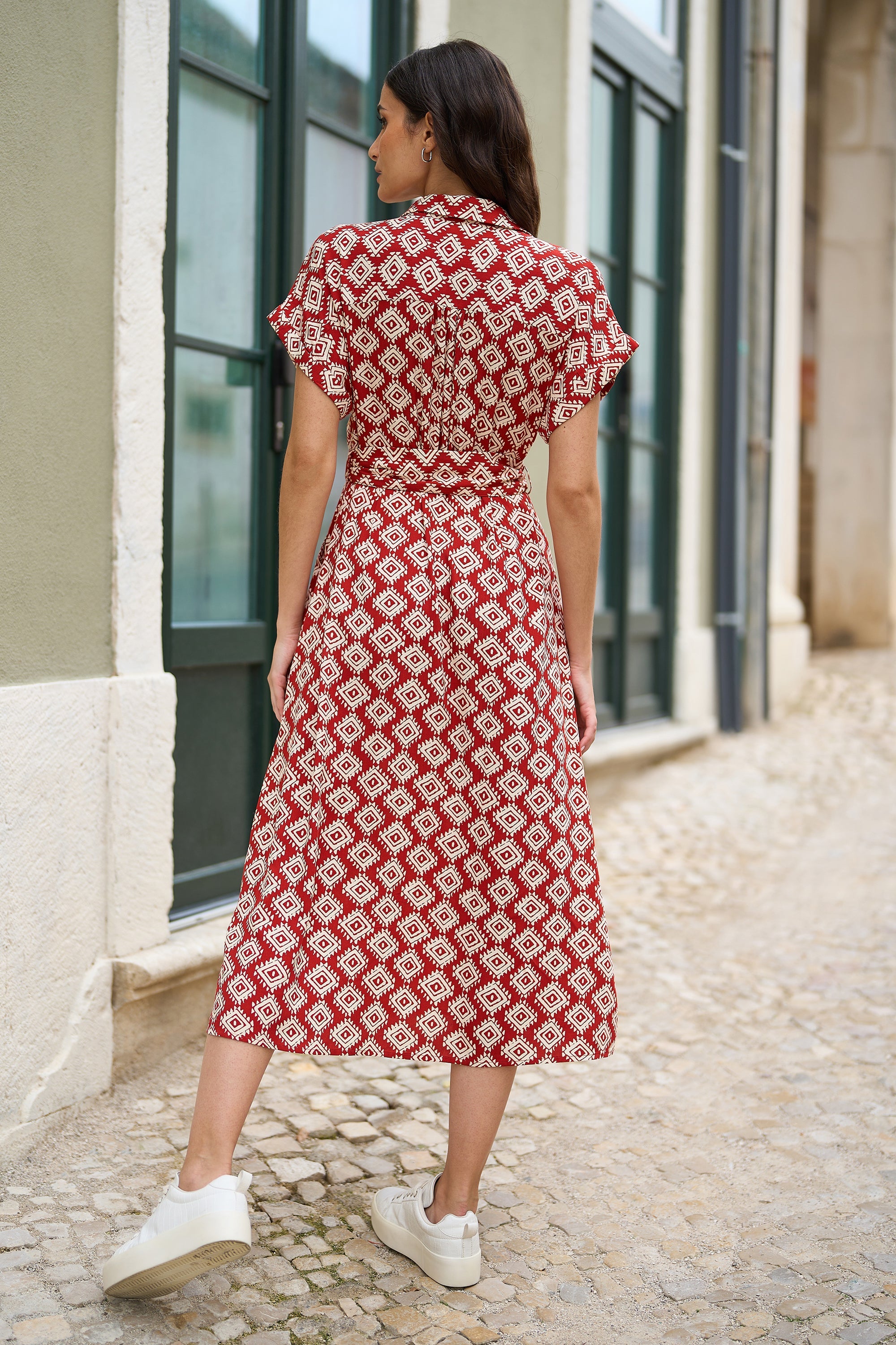 Yumi Red Viscose Midi Shirt Dress With Matching Belt - QHA UK