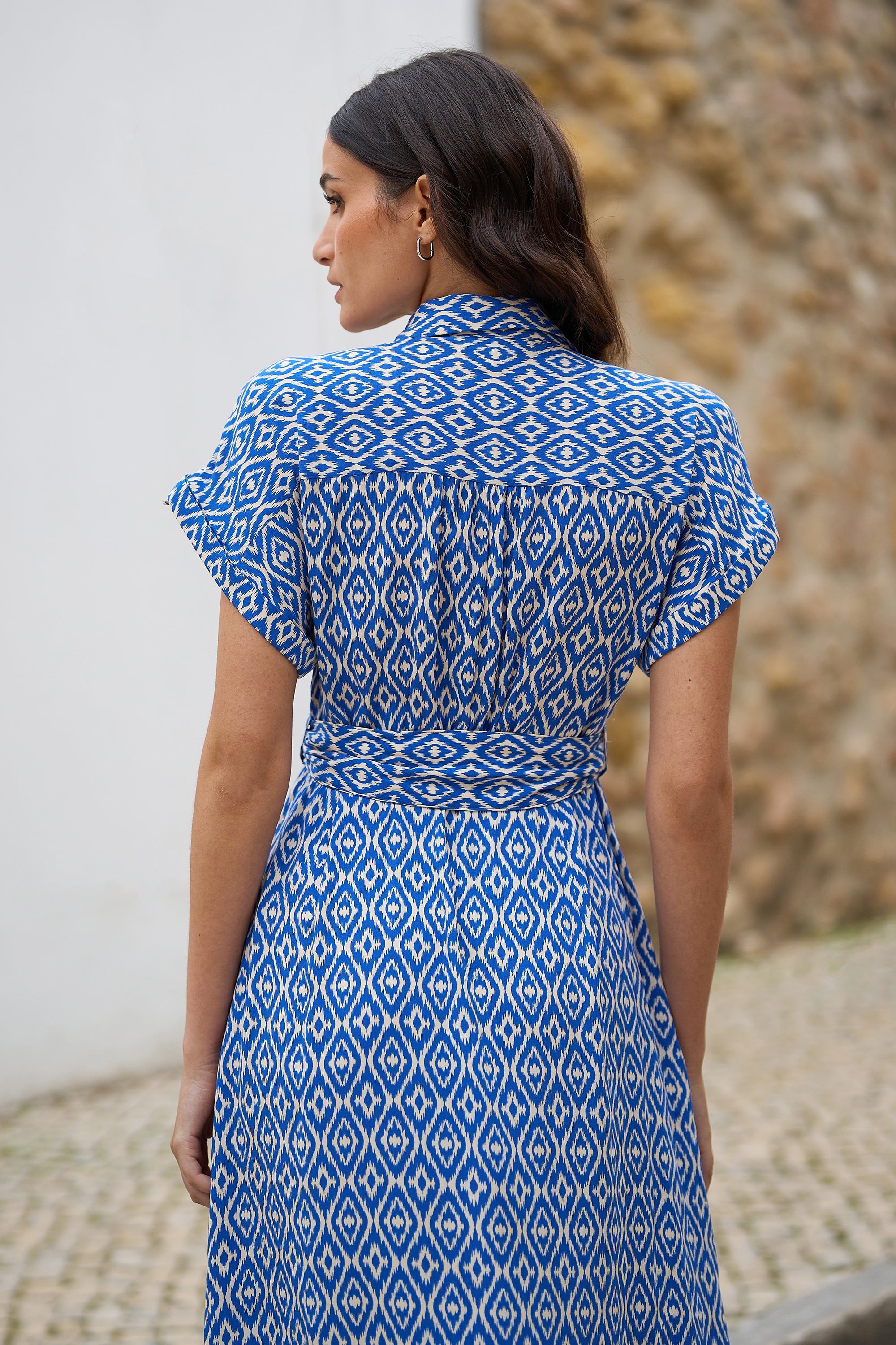 Yumi Blue Viscose Midi Shirt Dress With Matching Belt - QHA UK