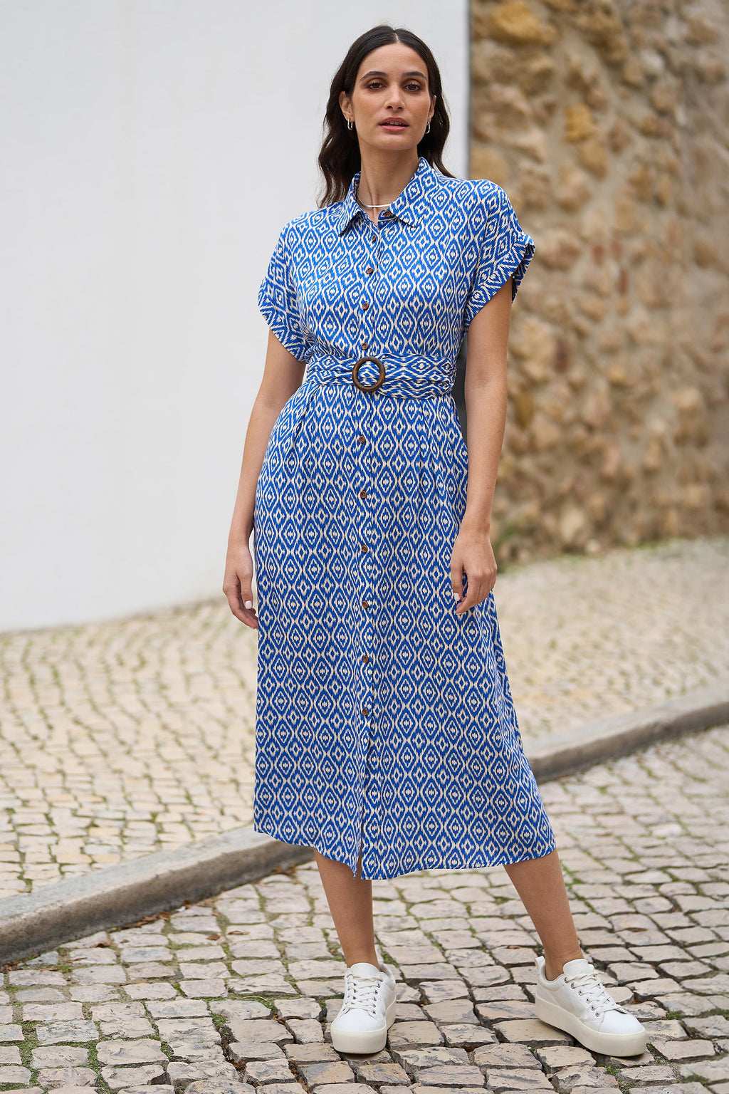 Yumi Blue Viscose Midi Shirt Dress With Matching Belt - QHA UK
