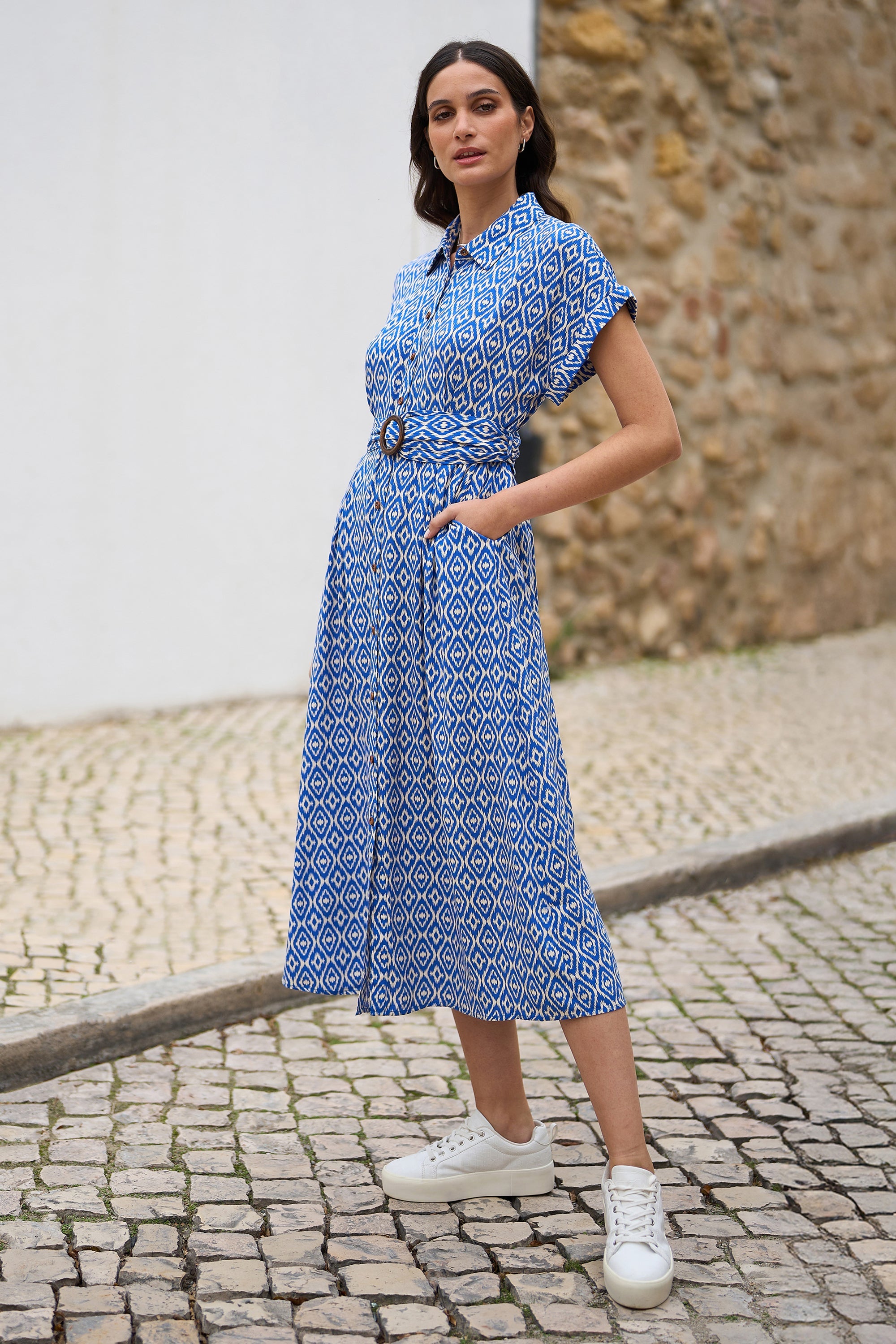 Yumi Blue Viscose Midi Shirt Dress With Matching Belt - QHA UK