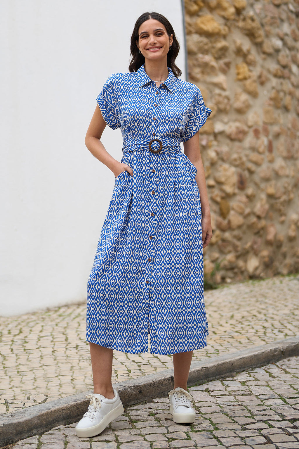 Yumi Blue Viscose Midi Shirt Dress With Matching Belt - QHA UK
