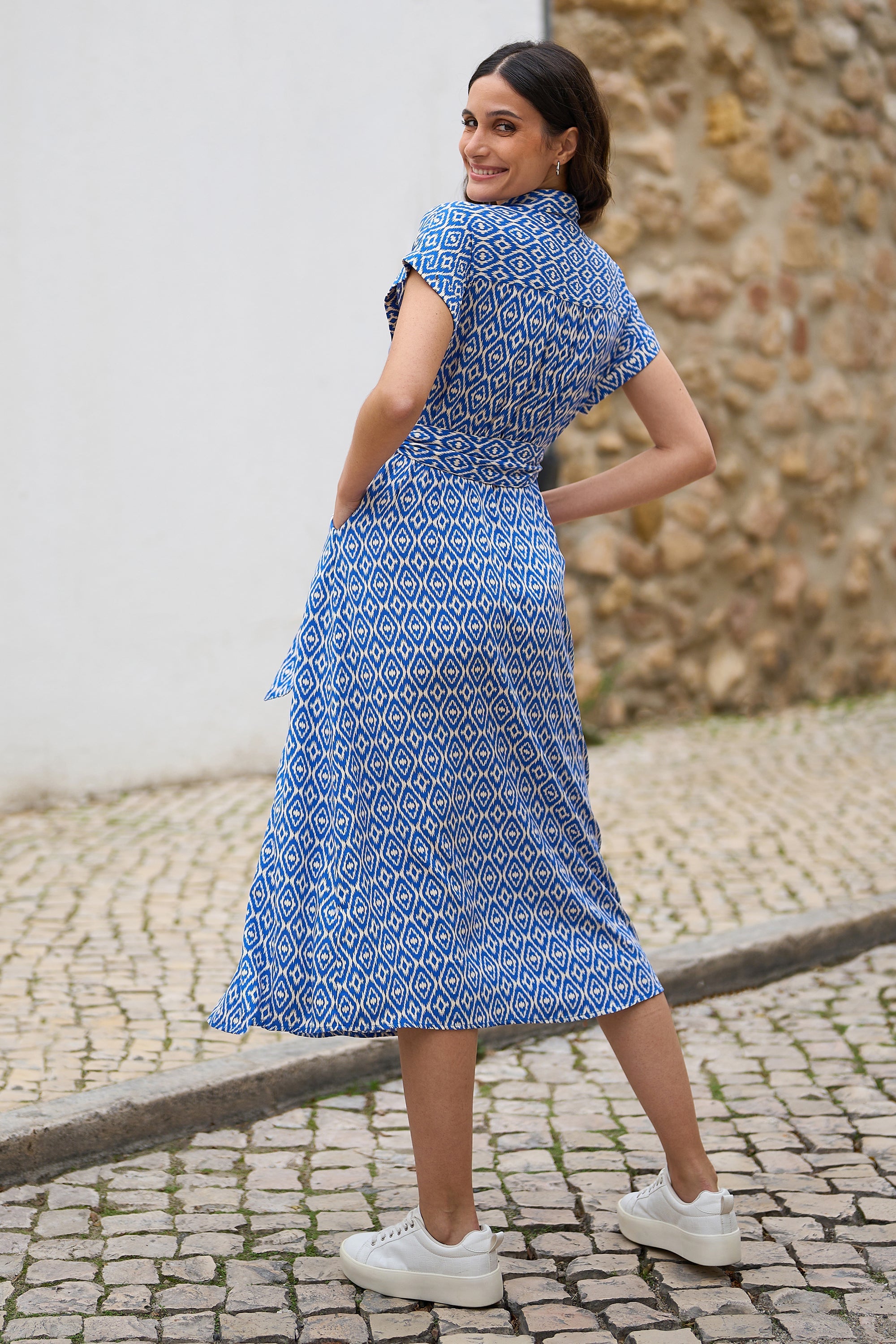 Yumi Blue Viscose Midi Shirt Dress With Matching Belt - QHA UK