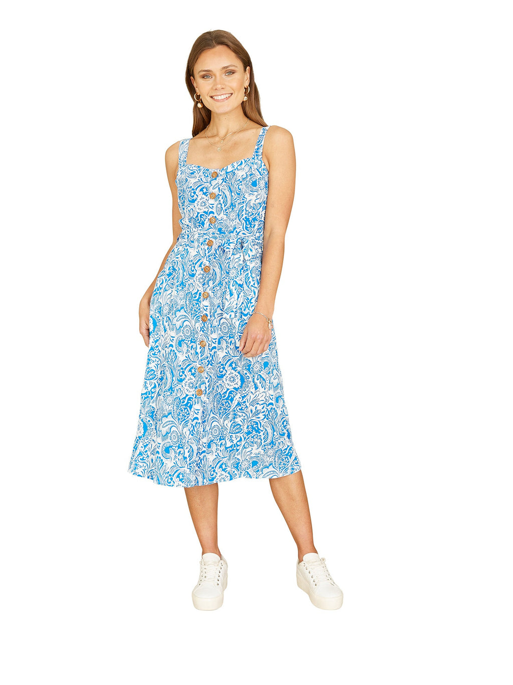 Yumi Blue Paisley leaf Print Midi Sundress - QHA UK