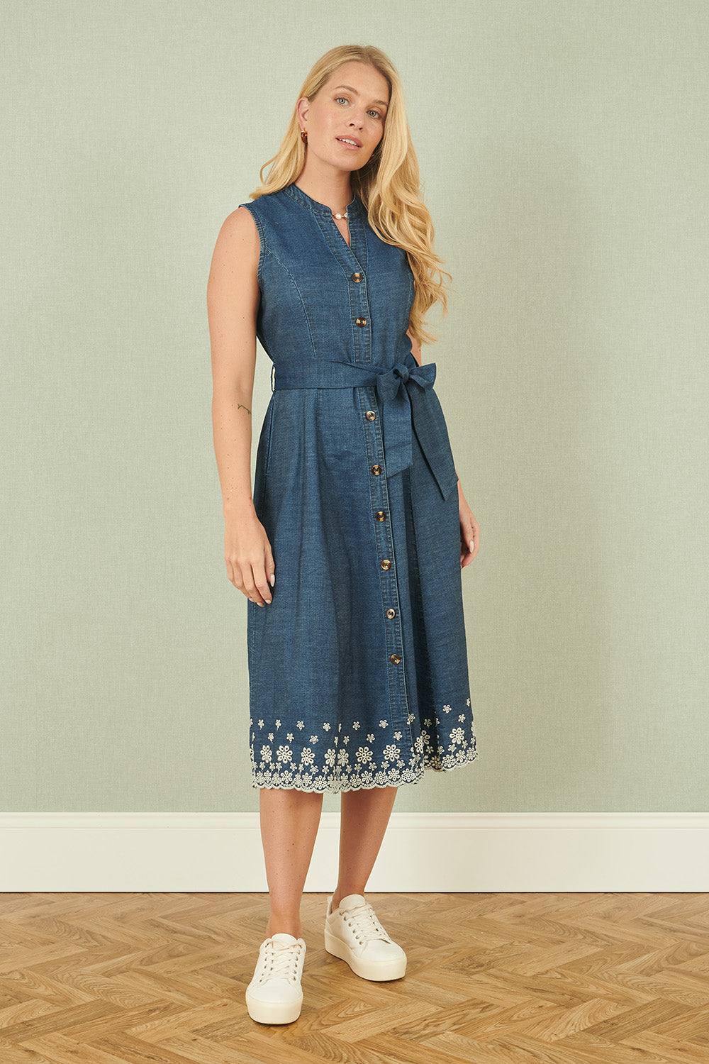 Yumi Blue Chambray Cotton Midi Embroidered Shirt Dress - QHA UK