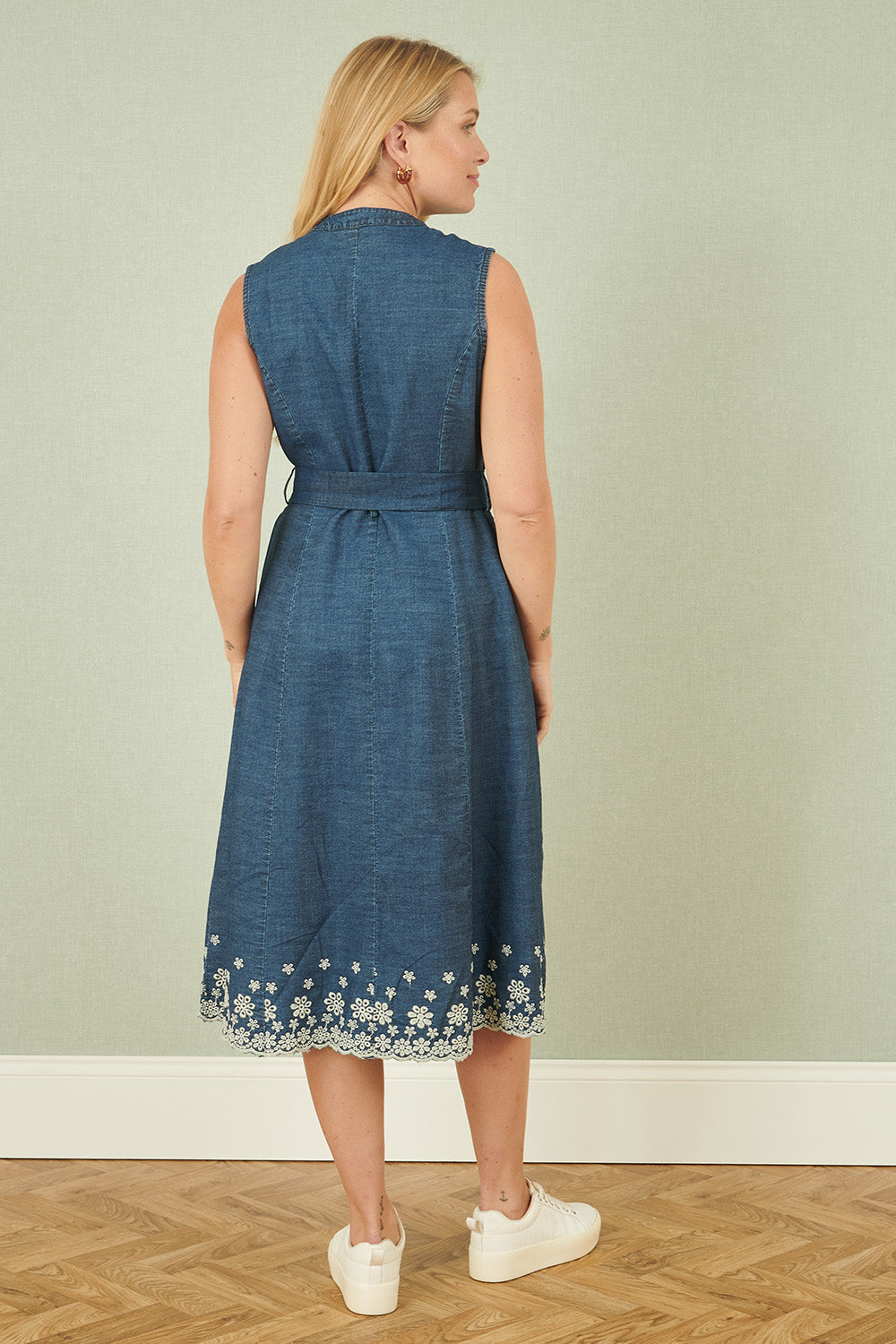 Yumi Blue Chambray Cotton Midi Embroidered Shirt Dress - QHA UK