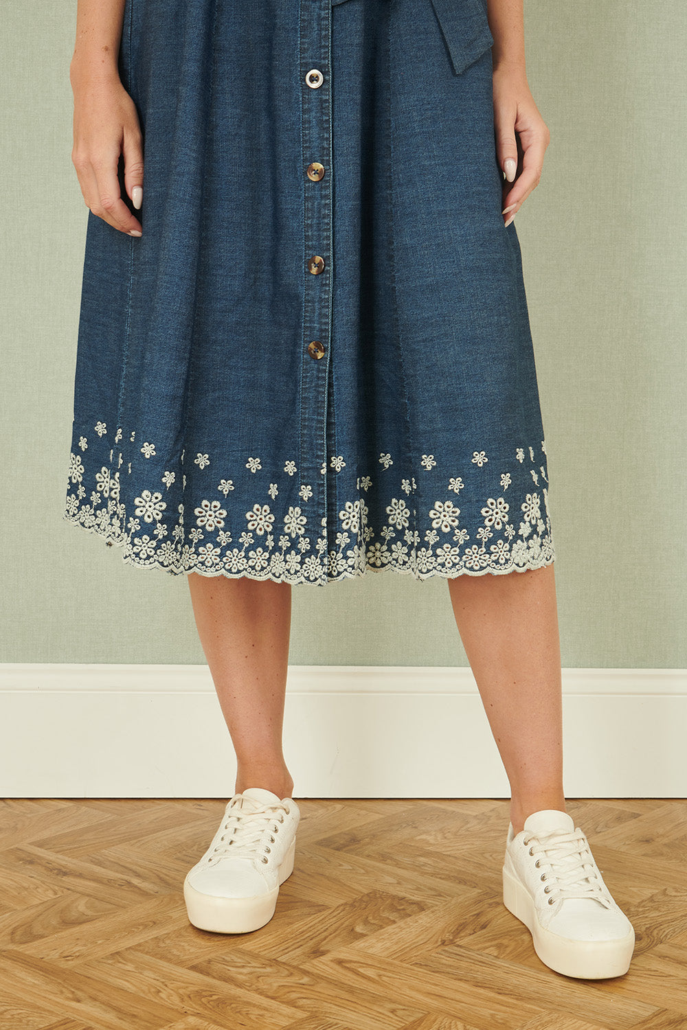 Yumi Blue Chambray Cotton Midi Embroidered Shirt Dress - QHA UK