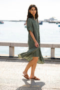 Yumi Khaki Italian Linen Shirt Dress With Frill Hem - QHA UK