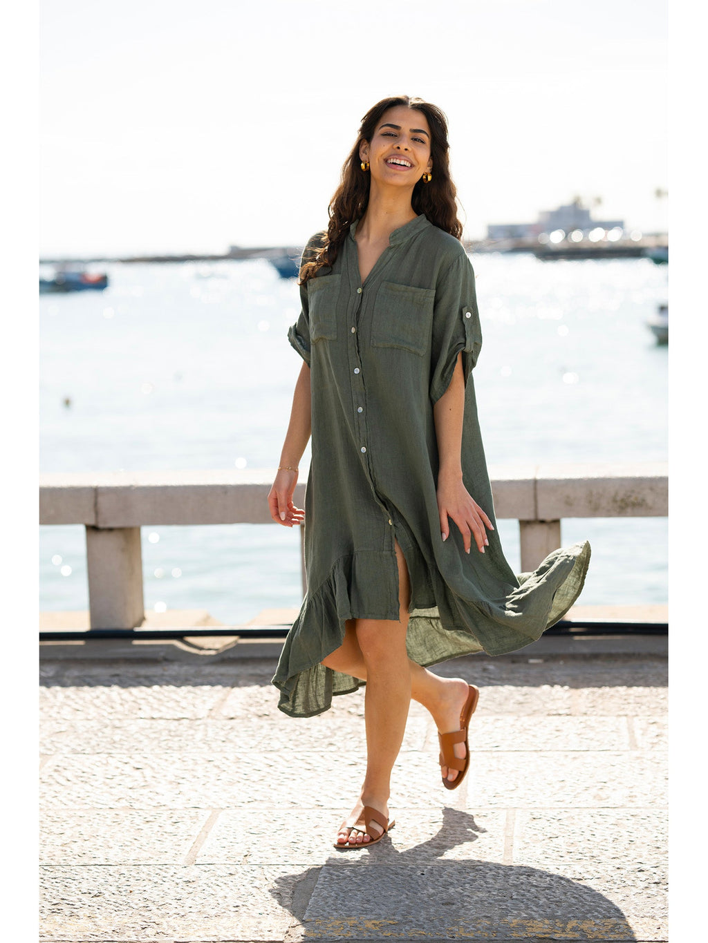 Yumi Khaki Italian Linen Shirt Dress With Frill Hem - QHA UK