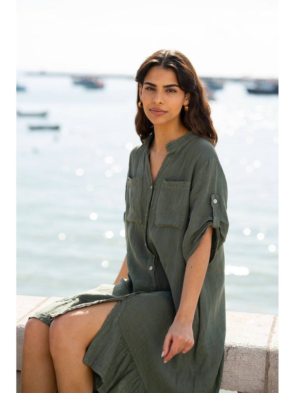 Yumi Khaki Italian Linen Shirt Dress With Frill Hem - QHA UK