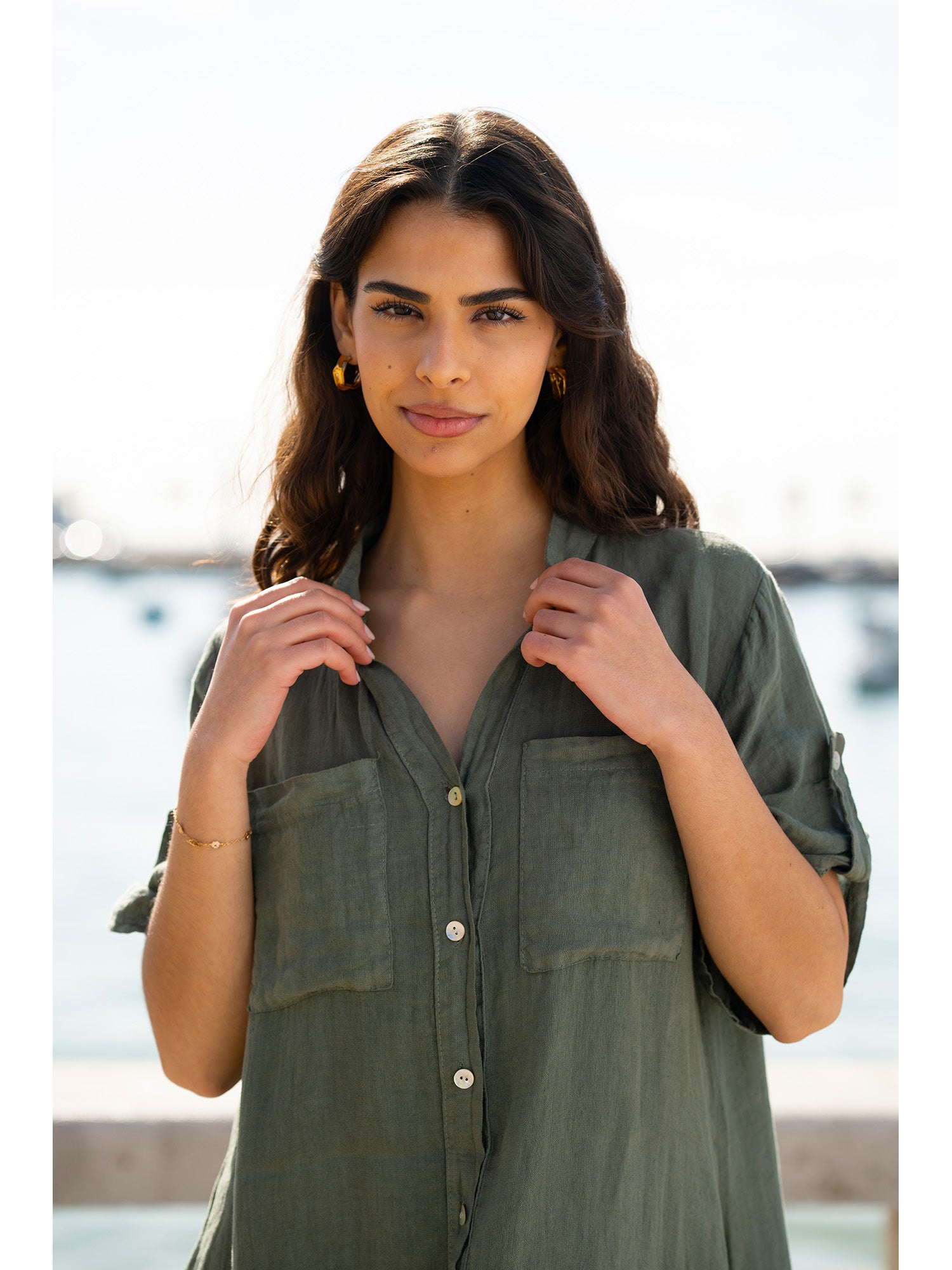 Yumi Khaki Italian Linen Shirt Dress With Frill Hem - QHA UK