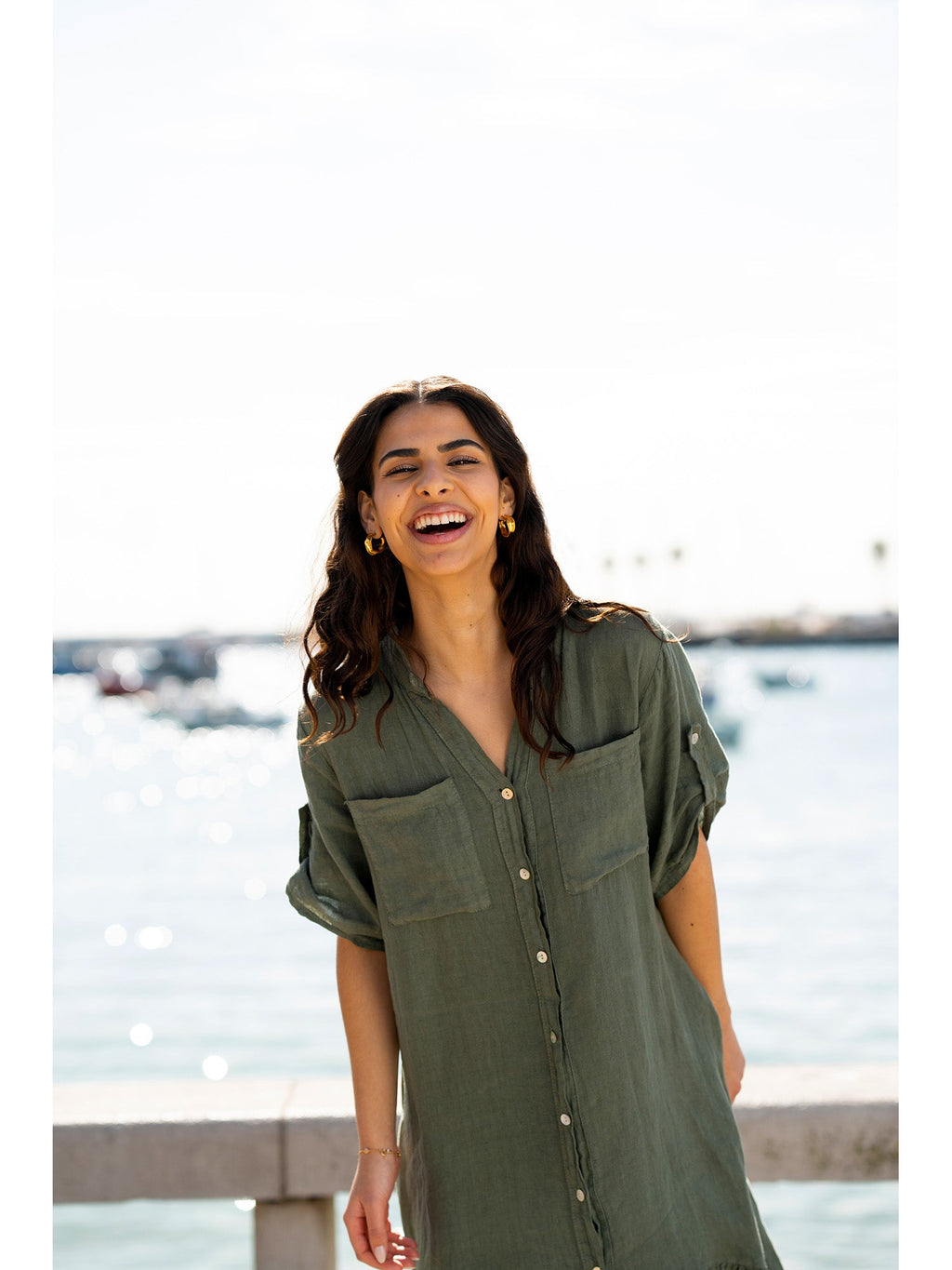 Yumi Khaki Italian Linen Shirt Dress With Frill Hem - QHA UK