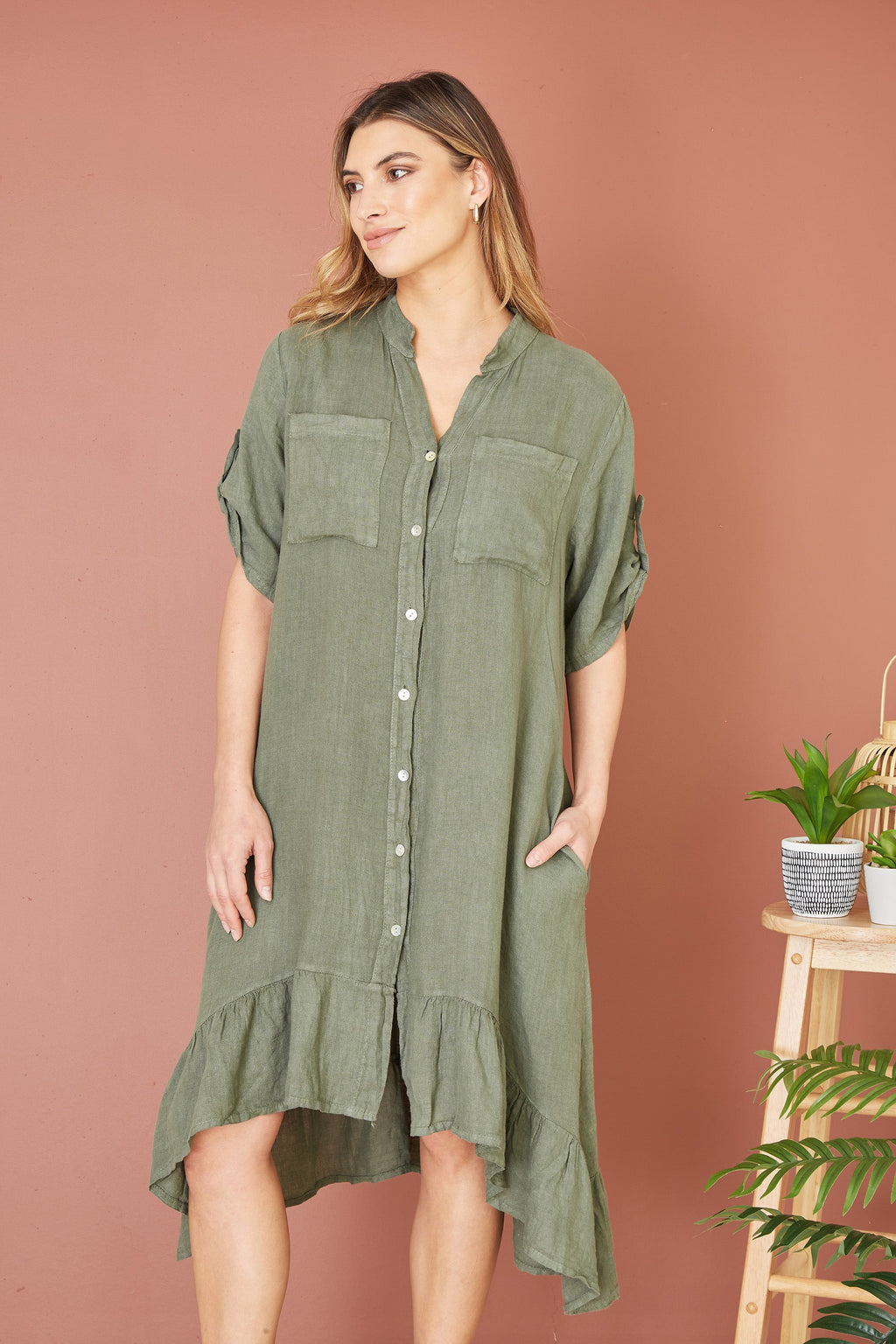 Yumi Khaki Italian Linen Shirt Dress With Frill Hem - QHA UK