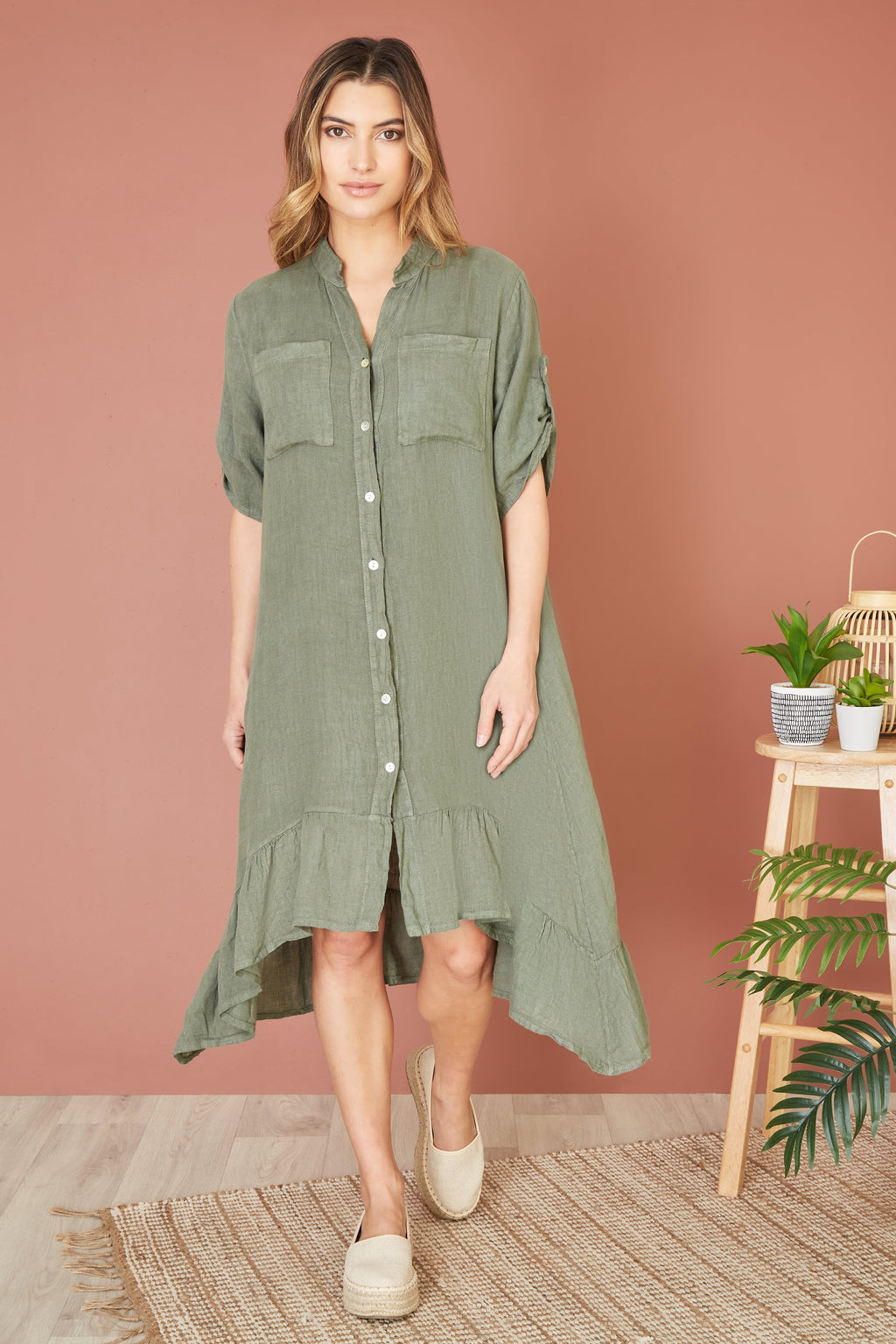 Yumi Khaki Italian Linen Shirt Dress With Frill Hem - QHA UK