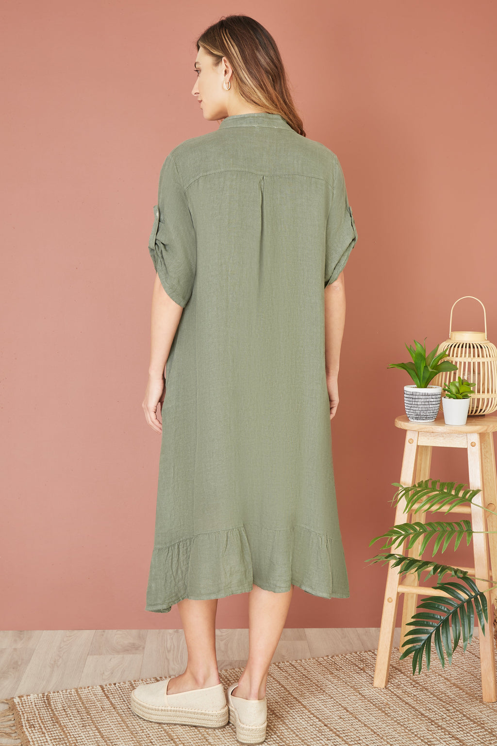 Yumi Khaki Italian Linen Shirt Dress With Frill Hem - QHA UK