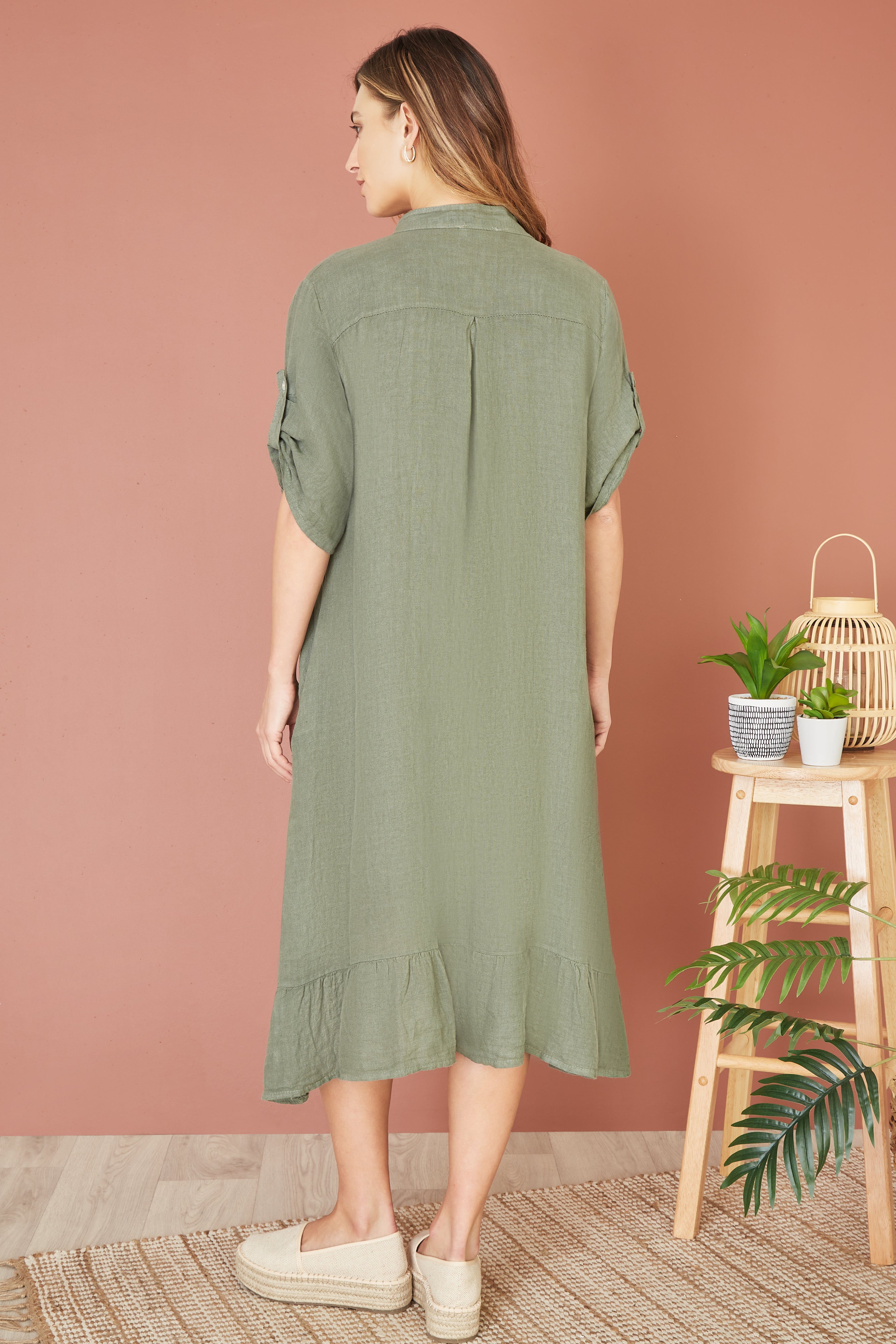 Yumi Khaki Italian Linen Shirt Dress With Frill Hem - QHA UK