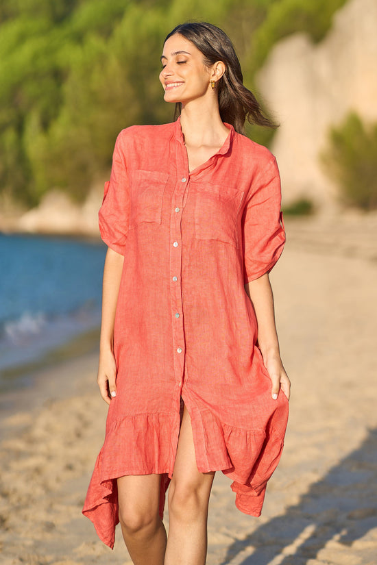 Yumi Coral Italian Linen Shirt Dress With Frill Hem - QHA UK