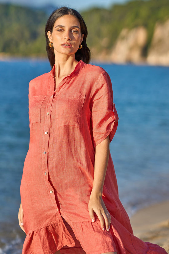 Yumi Coral Italian Linen Shirt Dress With Frill Hem - QHA UK