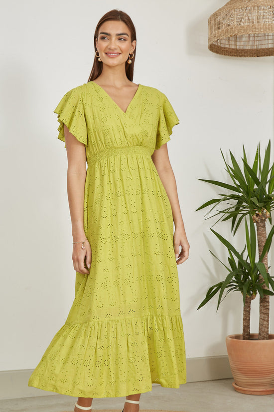 Yumi Lime Cotton Broderie Anglaise Wrap Midi Dress - QHA UK