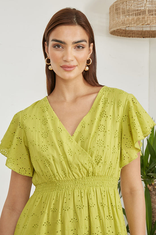 Yumi Lime Cotton Broderie Anglaise Wrap Midi Dress - QHA UK