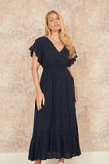 Yumi Navy Cotton Broderie Anglaise Wrap Midi Dress - QHA UK