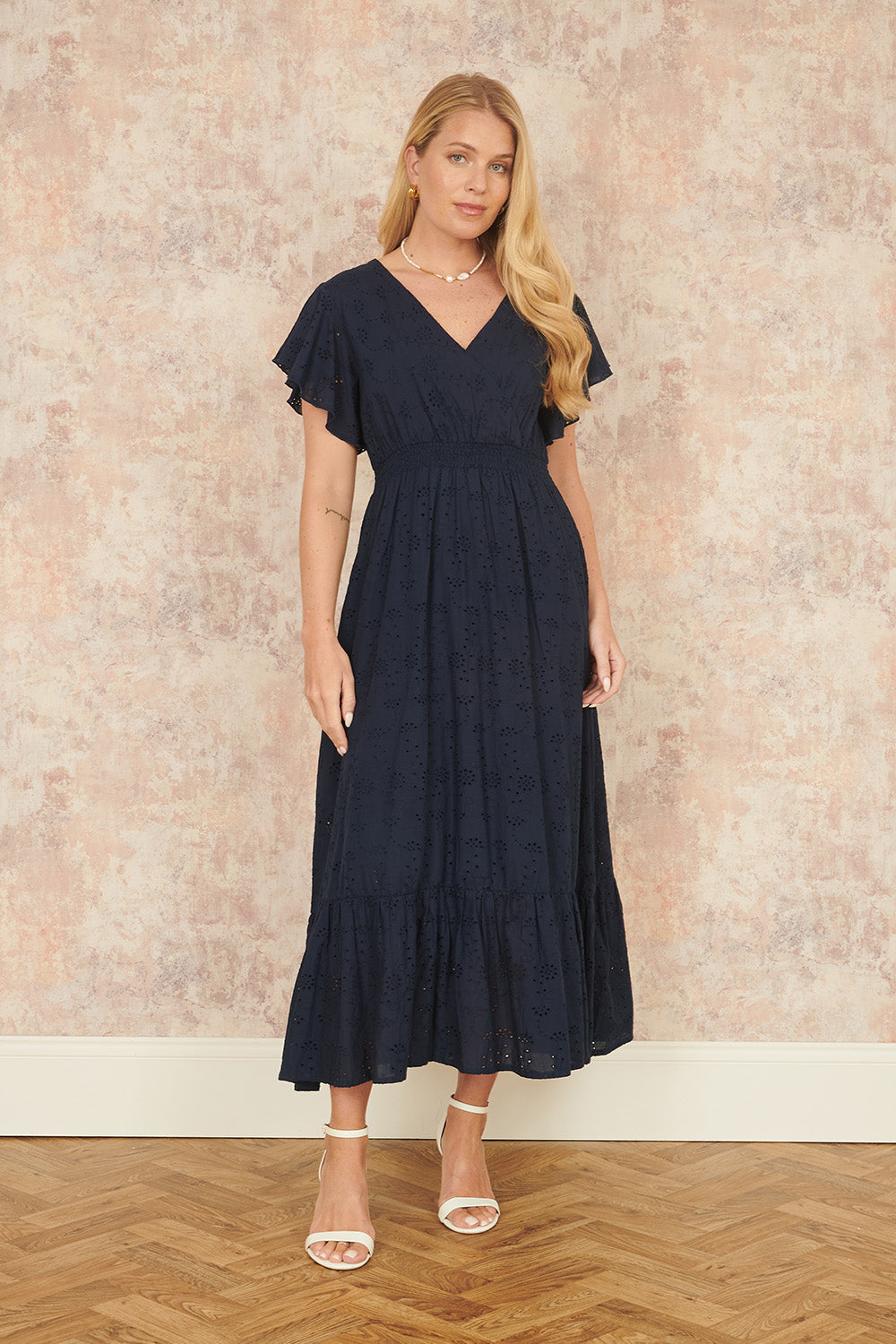Yumi Navy Cotton Broderie Anglaise Wrap Midi Dress - QHA UK