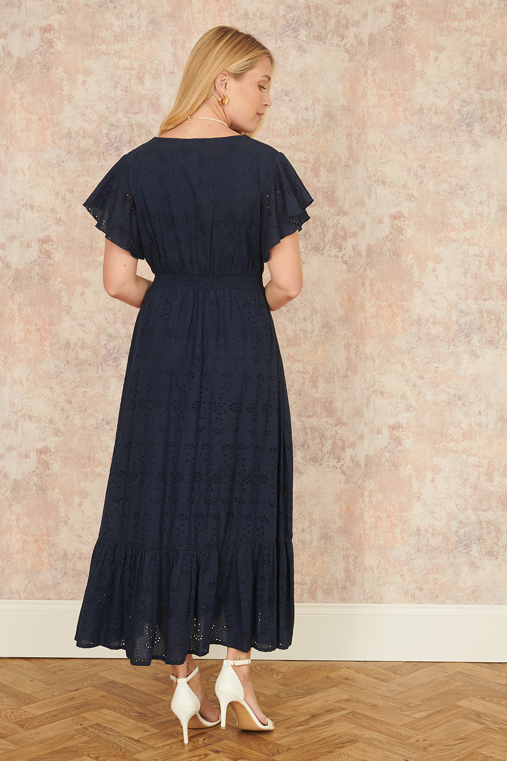 Yumi Navy Cotton Broderie Anglaise Wrap Midi Dress - QHA UK