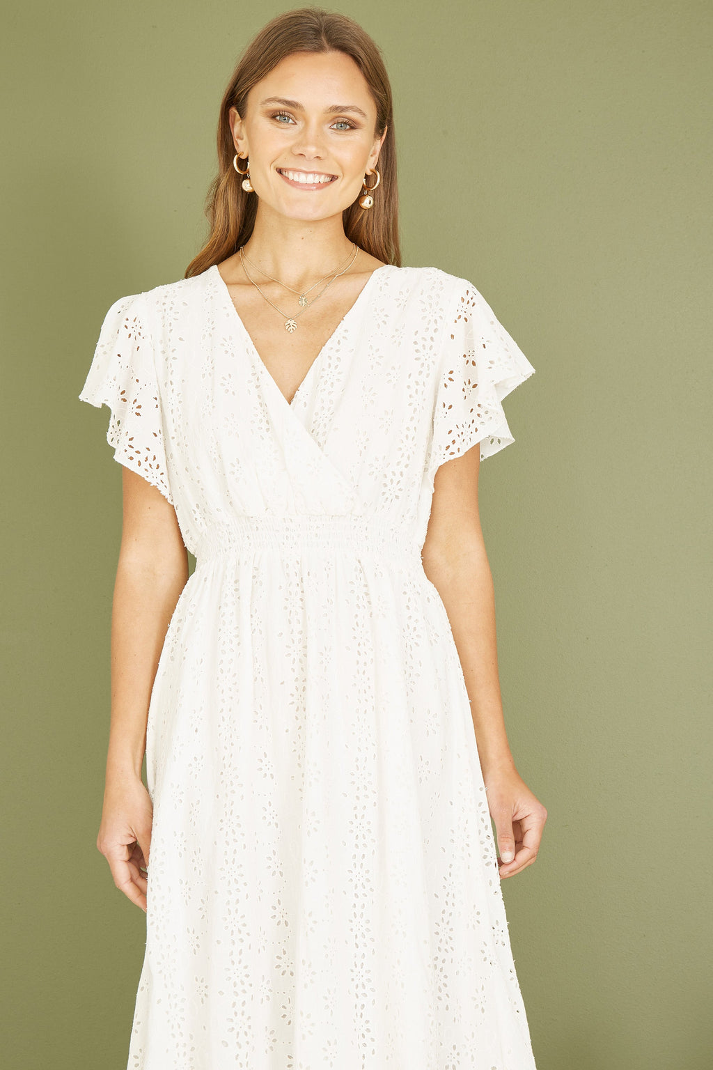 Yumi White Cotton Broderie Anglaise Wrap Midi Dress - QHA UK