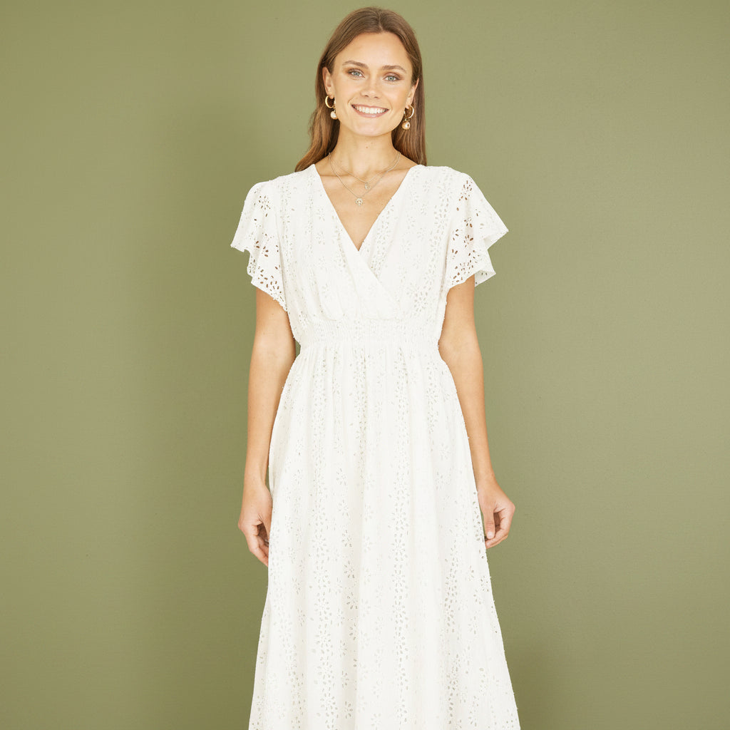 Yumi White Cotton Broderie Anglaise Wrap Midi Dress - QHA UK