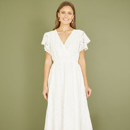 Yumi White Cotton Broderie Anglaise Wrap Midi Dress - QHA UK