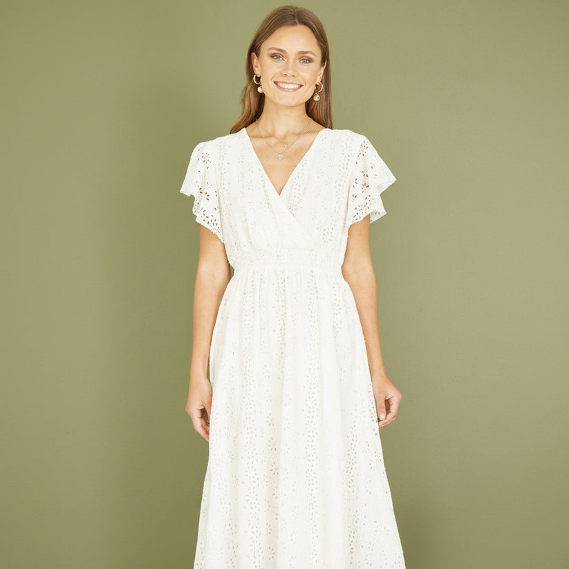 Yumi White Cotton Broderie Anglaise Wrap Midi Dress - QHA UK