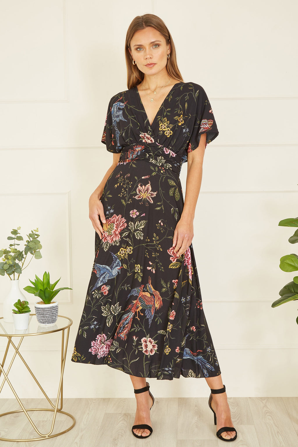 Yumi Black Viscose Bird and Floral Print Kimono Midi Dress - QHA UK