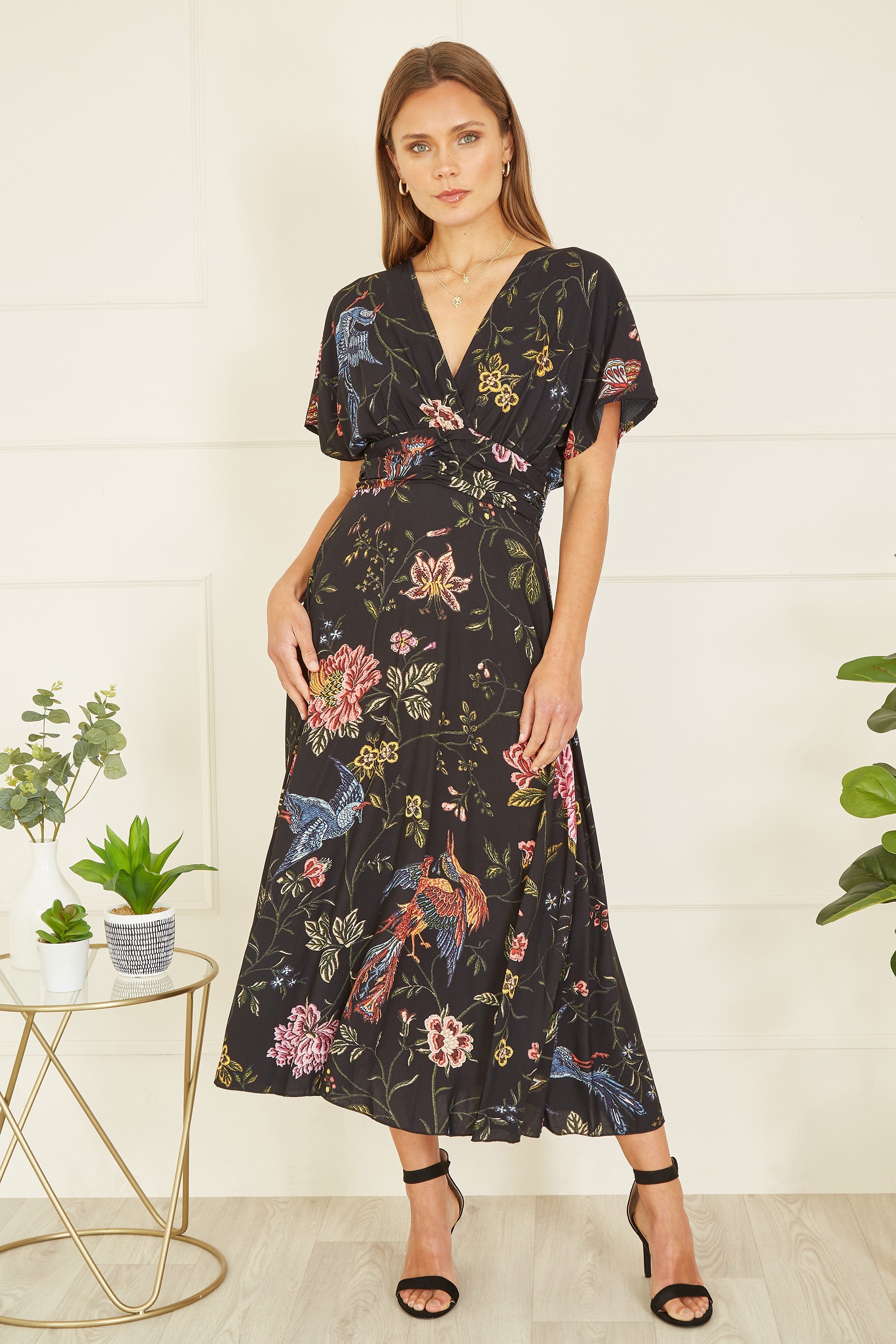 Yumi Black Viscose Bird and Floral Print Kimono Midi Dress - QHA UK