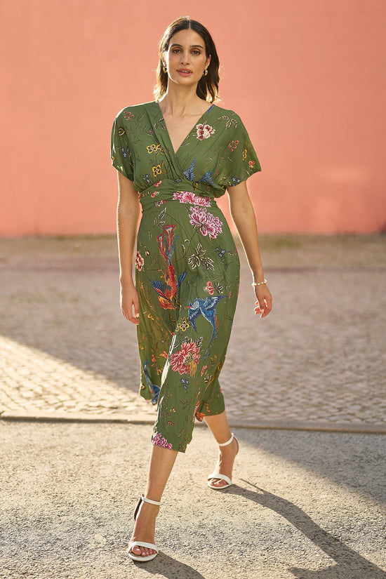 Yumi Green Bird and Floral Print Ruched Waist Kimono Midi Dress - QHA UK