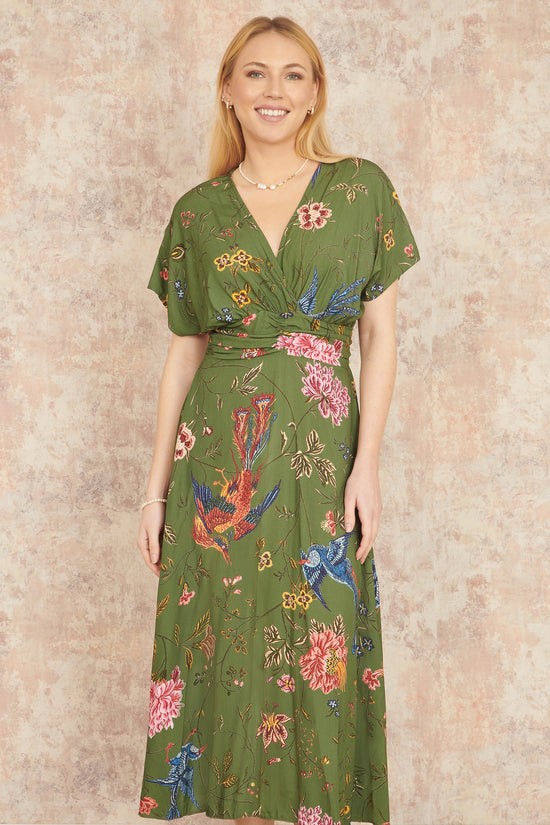 Yumi Green Bird and Floral Print Ruched Waist Kimono Midi Dress - QHA UK